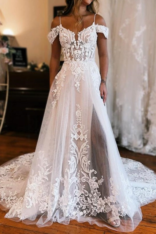 Off-Shoulder Lace A-Line Empire Wedding Dress With Slit Custom Color / US 2 Off-Shoulder Lace A-Line Empire Wedding Dress With Slit Custom Color / US 2