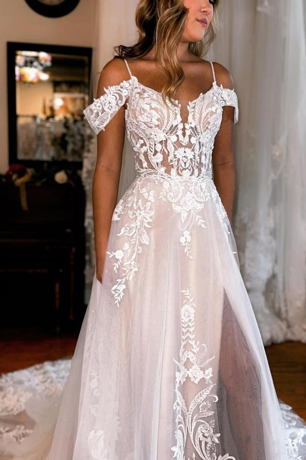 Off-Shoulder Lace A-Line Empire Wedding Dress With Slit