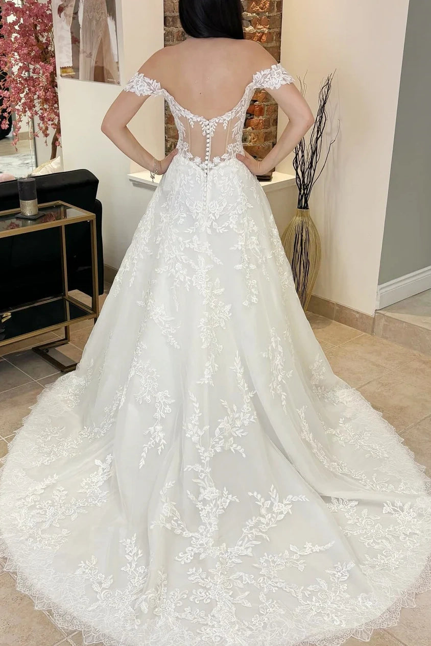 Off-Shoulder Lace A-Line Empire Wedding Dress With Train Custom Color / US 12 Off-Shoulder Lace A-Line Empire Wedding Dress With Train Custom Color / US 12