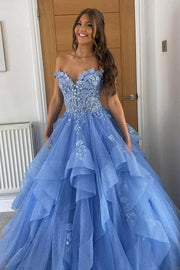 Off-Shoulder Lace Appliques Tiered Tulle A-Line Prom Dress