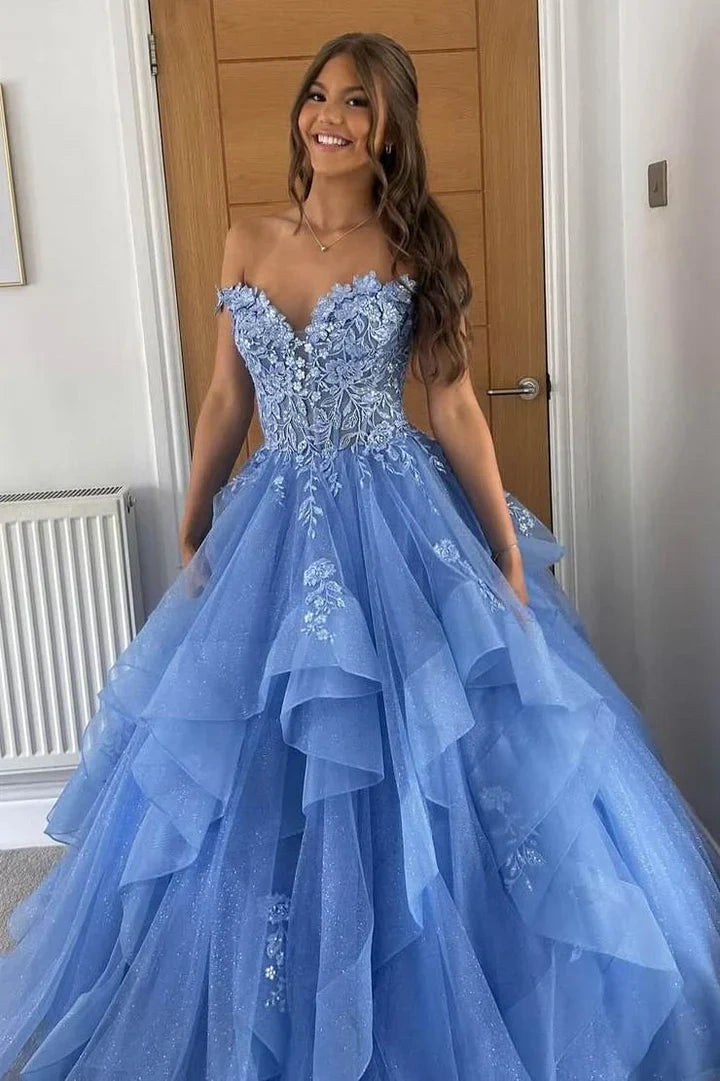 Off-Shoulder Lace Appliques Tiered Tulle A-Line Prom Dress