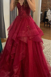 Off-Shoulder Lace Appliques Tiered Tulle A-Line Prom Dress