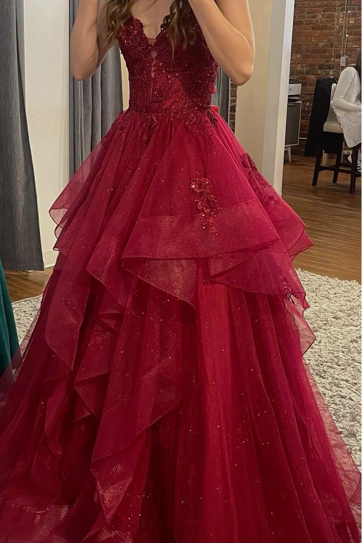 Off-Shoulder Lace Appliques Tiered Tulle A-Line Prom Dress