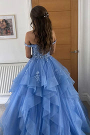 Off-Shoulder Lace Appliques Tiered Tulle A-Line Prom Dress