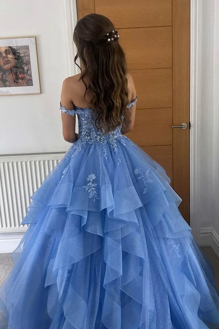Off-Shoulder Lace Appliques Tiered Tulle A-Line Prom Dress