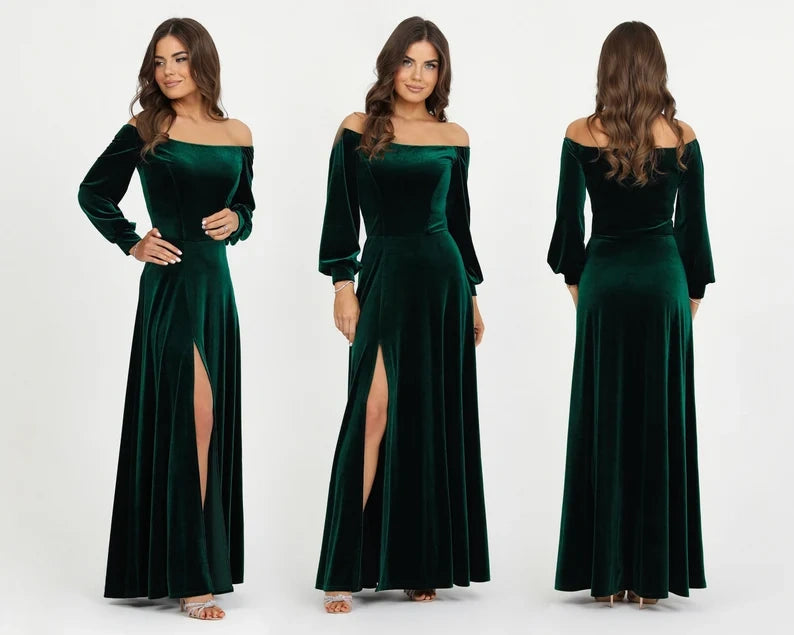 Off-Shoulder Long Sleeves A-Line Green Velvet Dress