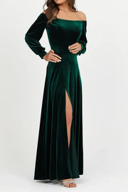 Off-Shoulder Long Sleeves A-Line Green Velvet Dress