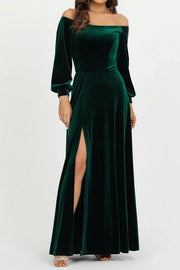 Off-Shoulder Long Sleeves A-Line Green Velvet Dress