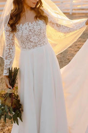 Off-Shoulder Long Sleeves Empire Two Tone Wedding Dress