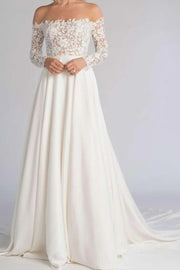 Off-Shoulder Long Sleeves Empire Two Tone Wedding Dress