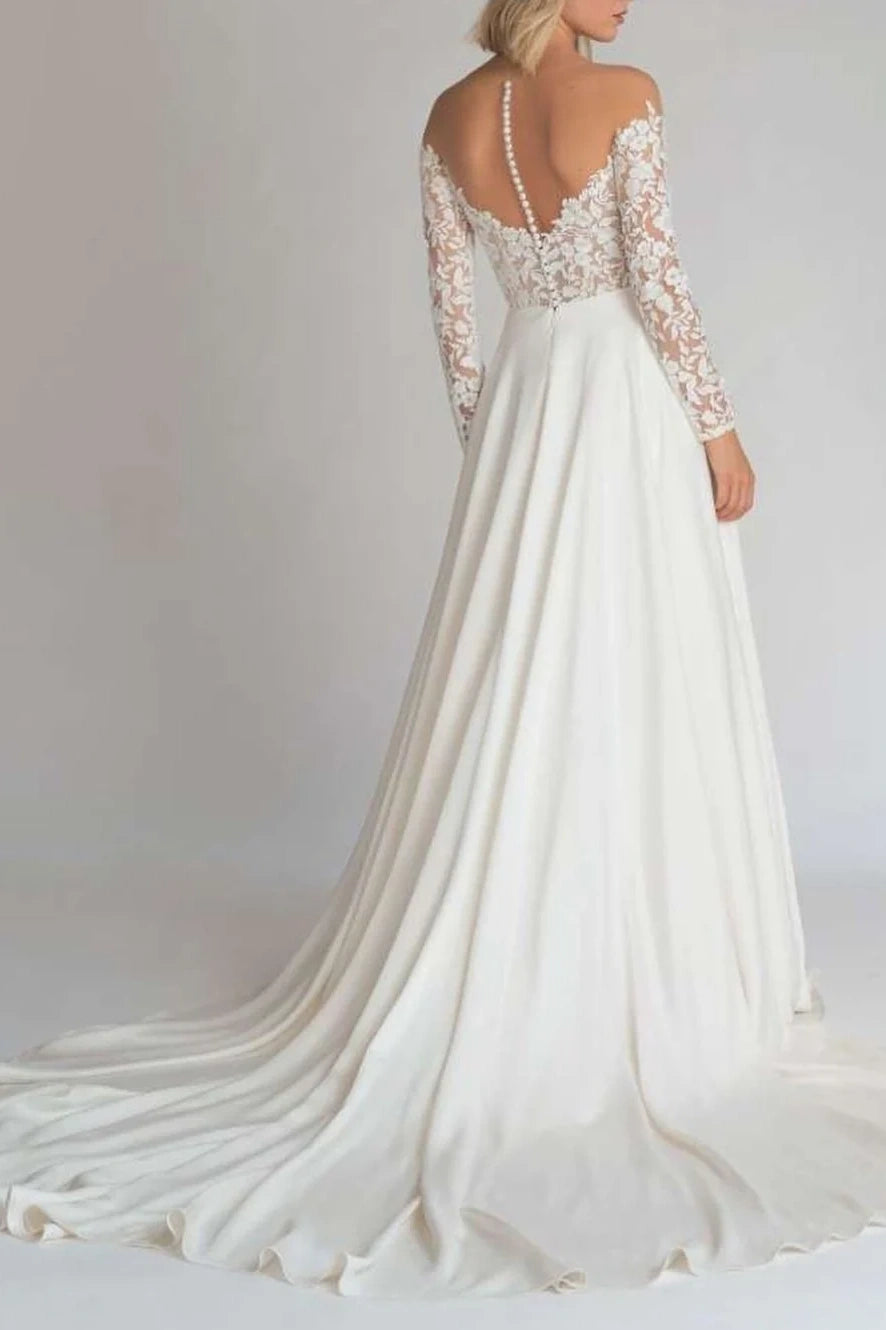 Off-Shoulder Long Sleeves Empire Two Tone Wedding Dress