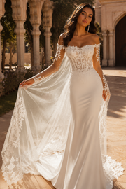 Off-Shoulder Long Sleeves Lace And Satin Mermaid Wedding Dress