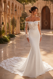 Off-Shoulder Long Sleeves Lace And Satin Mermaid Wedding Dress