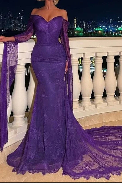 Off-Shoulder Long Sleeves Mermaid Lace Prom Dress