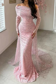 Off-Shoulder Long Sleeves Mermaid Party Prom Dress With Train