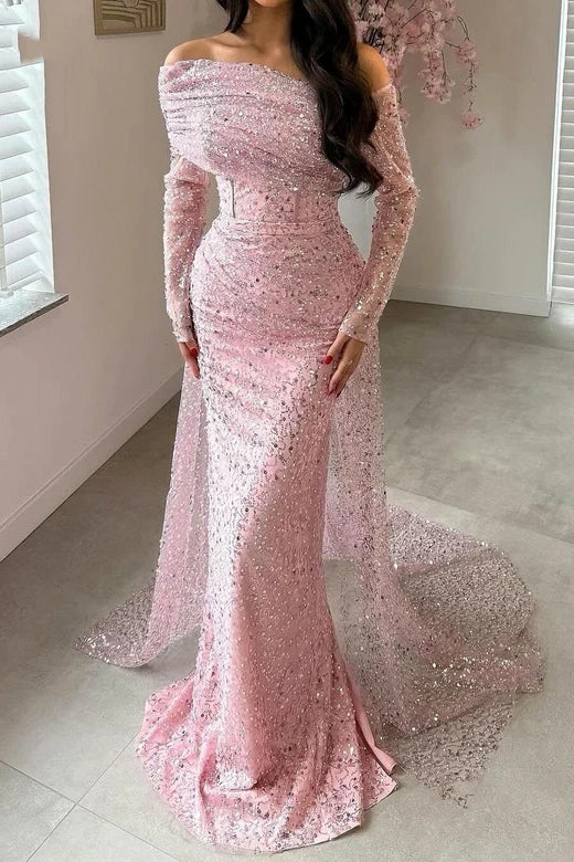 Off-Shoulder Long Sleeves Mermaid Party Prom Dress With Train