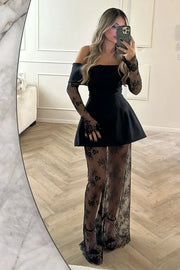 Off-Shoulder Long Sleeves Satin And Lace Party Prom Dress