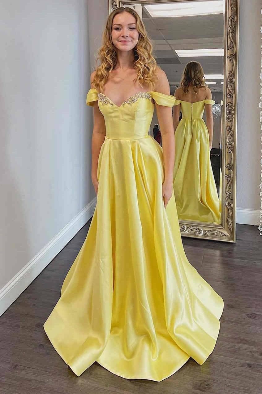 Off-Shoulder Satin A-Line Beaded Party Prom Dress