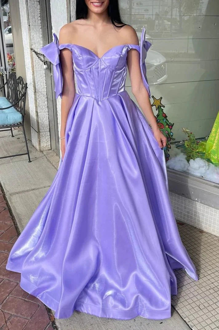 Off-Shoulder Satin A-Line Long Prom Dress With Bows