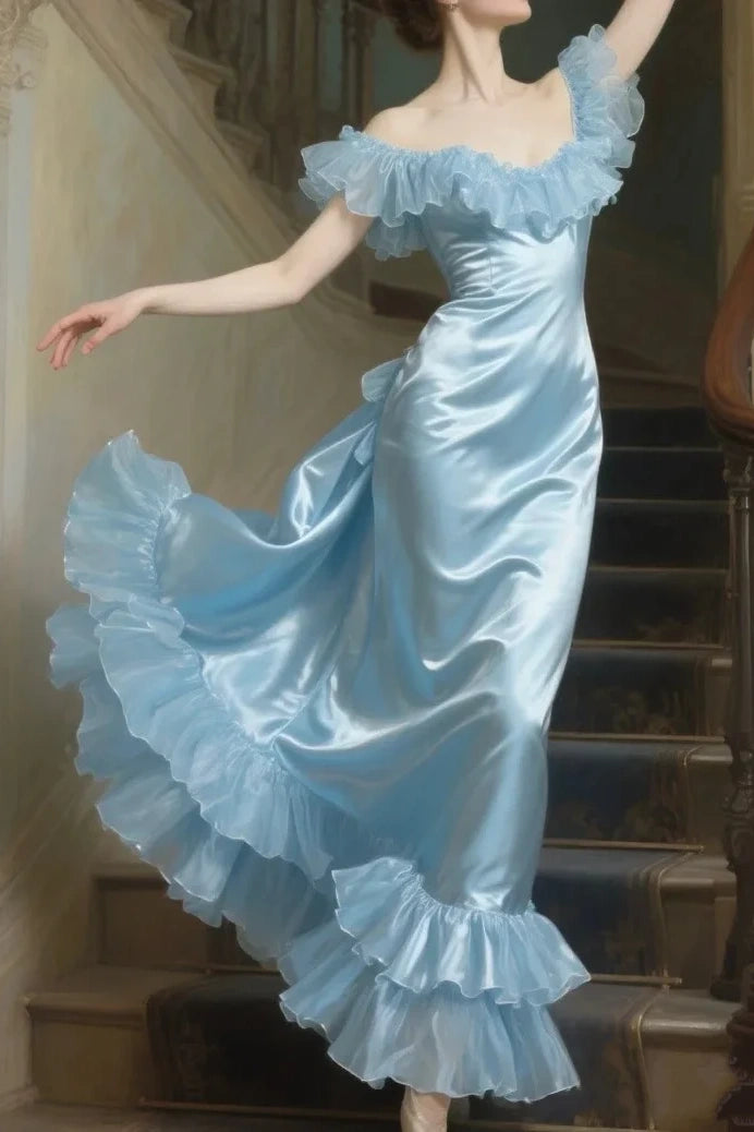 Off-Shoulder Satin A-Line Party Prom Dress With Ruffle