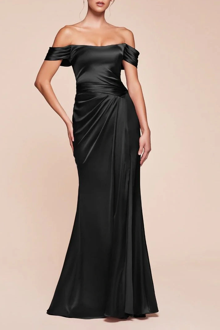 Off-Shoulder Satin Fitted Bridesmaid Dress With Side Slit