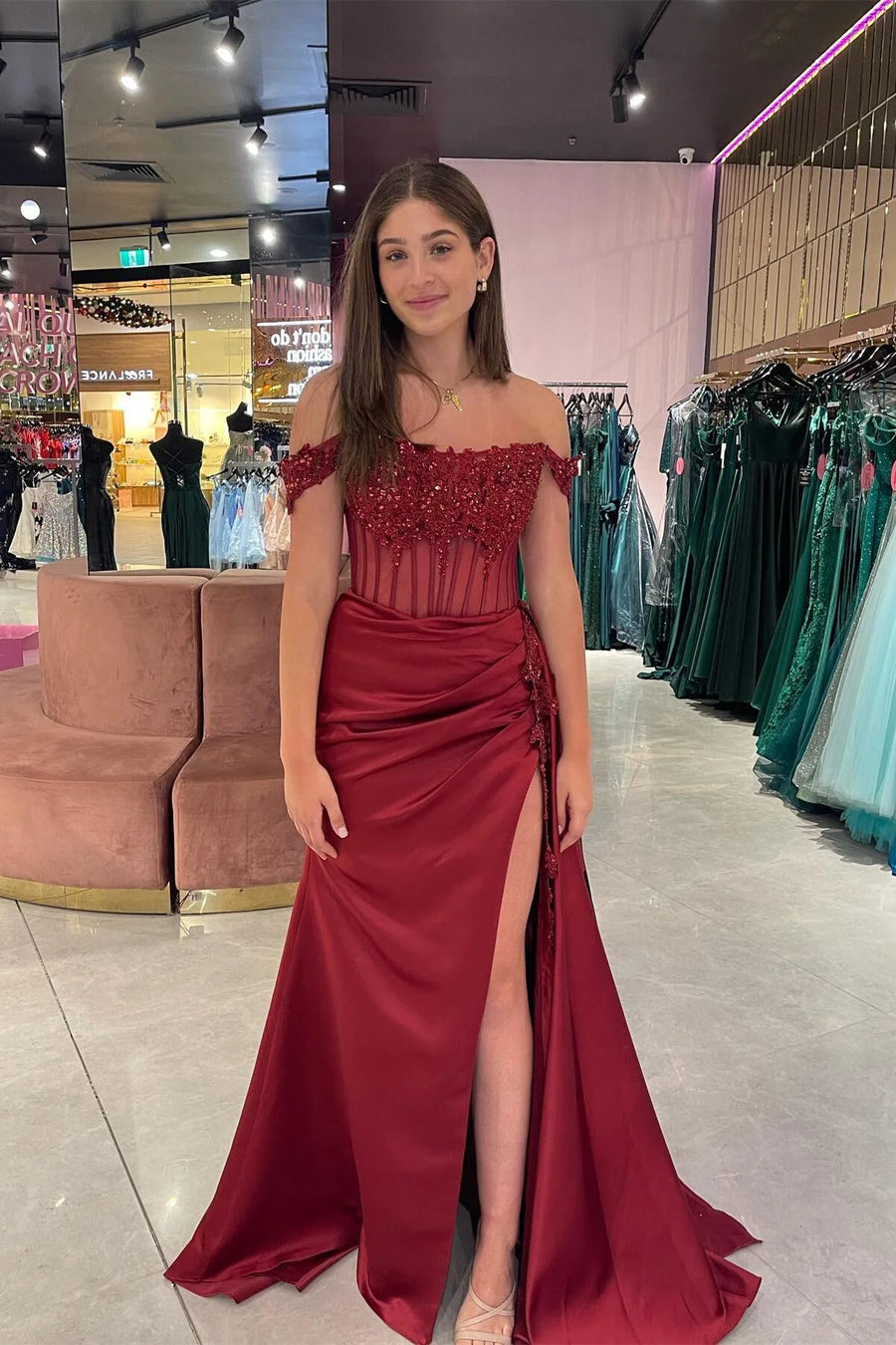 Off-Shoulder Satin Trumpet Sheer Empire Appliques Prom Dress