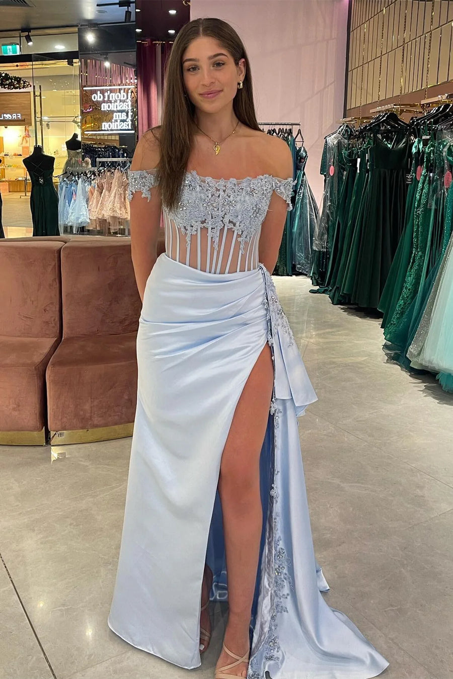 Off-Shoulder Satin Trumpet Sheer Empire Appliques Prom Dress