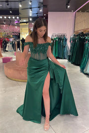 Off-Shoulder Satin Trumpet Sheer Empire Appliques Prom Dress