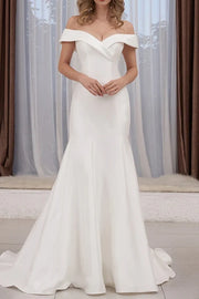 Off-Shoulder Satin Trumpet Wedding Dress With Sweep Train