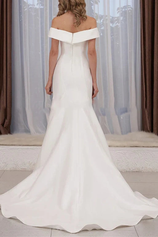 Off-Shoulder Satin Trumpet Wedding Dress With Sweep Train White / Custom Size Off-Shoulder Satin Trumpet Wedding Dress With Sweep Train White / Custom Size