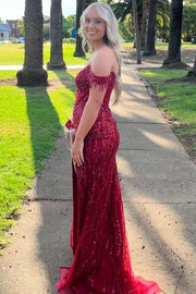 Off-Shoulder Sequins Beaded Long Mermaid Prom Dress