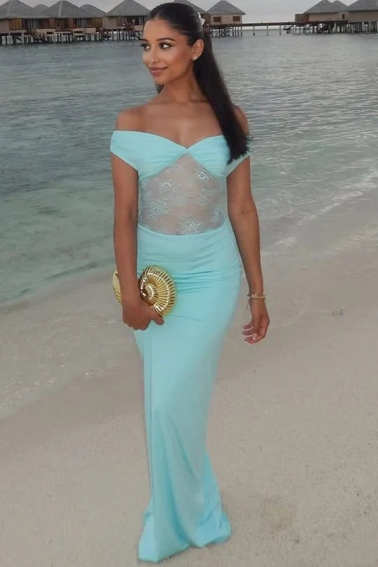 Off-Shoulder Sheer Lace And Satin Fitted Party Prom Dress