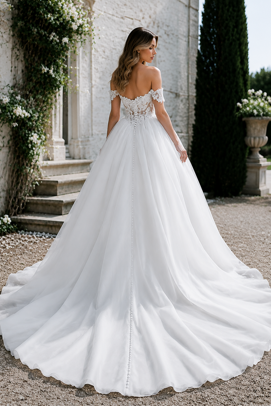 Off-Shoulder Sleeveless A-Line Lace And Chiffon Formal Wedding Dress
