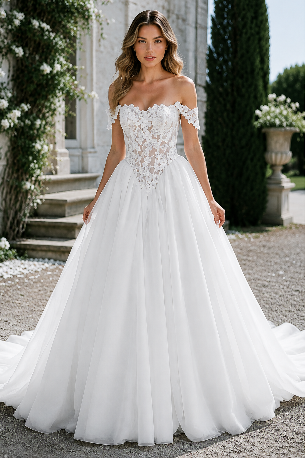 Off-Shoulder Sleeveless A-Line Lace And Chiffon Formal Wedding Dress