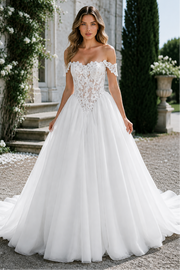 Off-Shoulder Sleeveless A-Line Lace And Chiffon Formal Wedding Dress