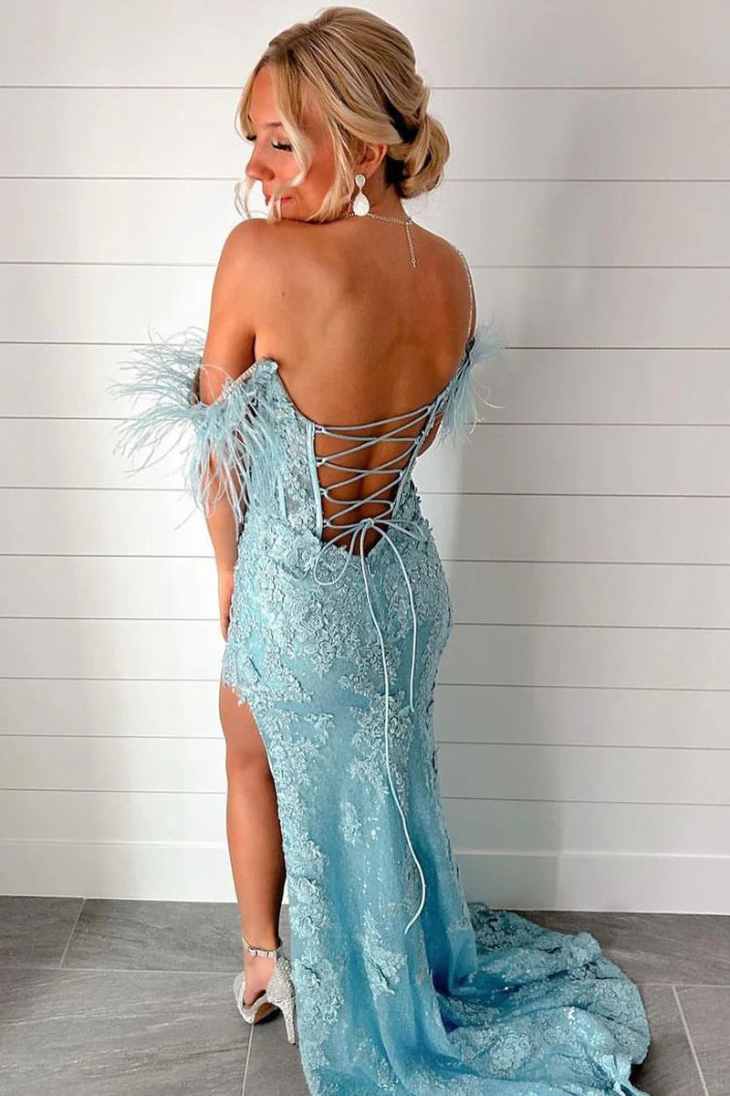 Off-Shoulder Sleeveless Appliques Mermaid Prom Dress With Slit