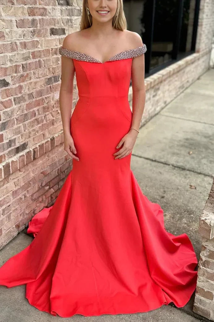 Off-Shoulder Sleeveless Beaded Mermaid Formal Prom Dress