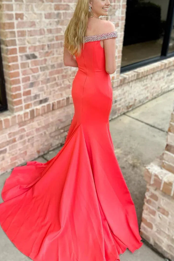 Off-Shoulder Sleeveless Beaded Mermaid Formal Prom Dress