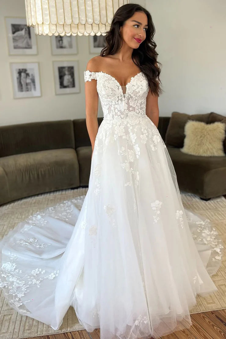 Off-Shoulder Sleeveless Empire Lace Wedding Dress With Train