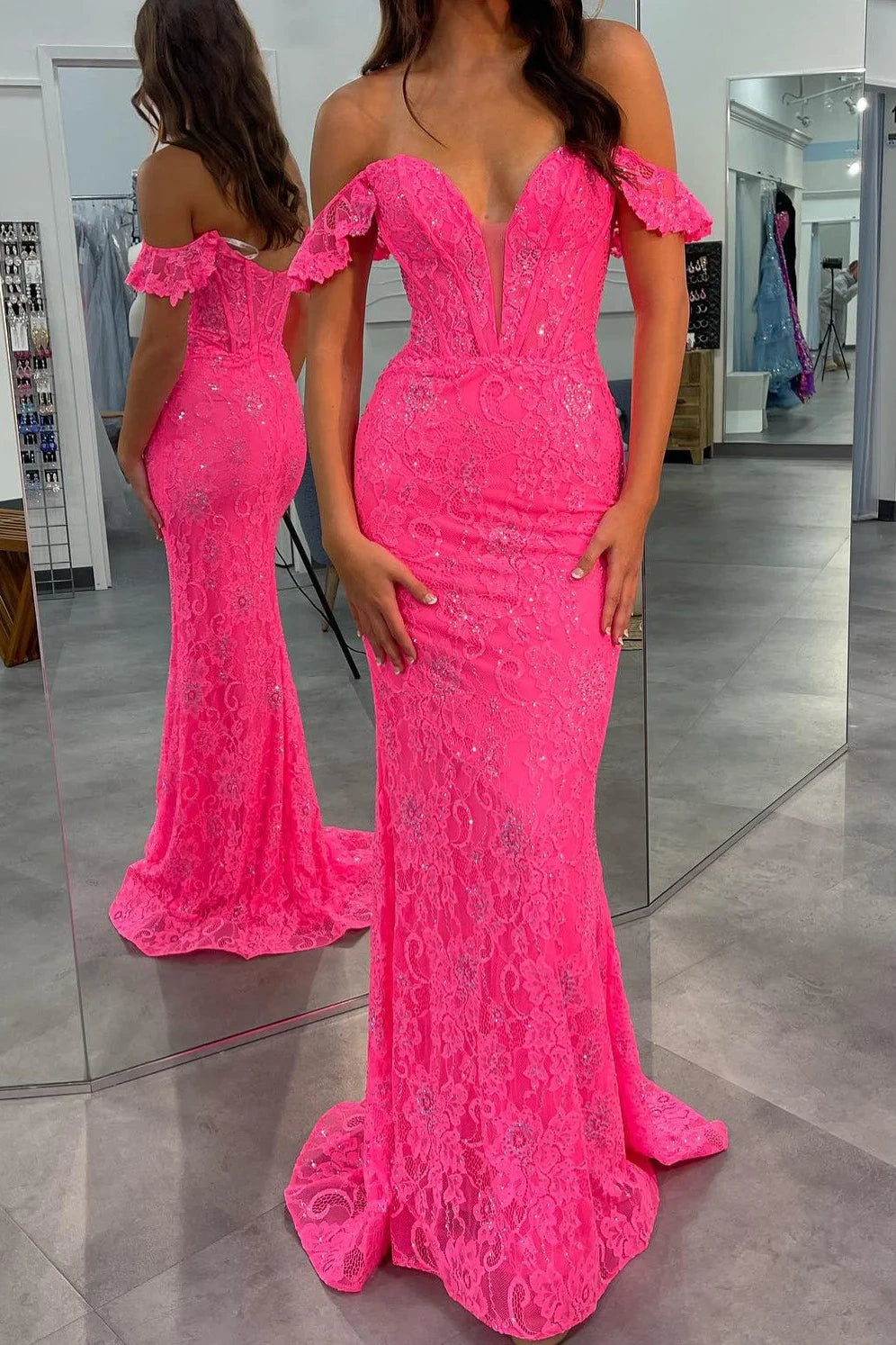 Off-Shoulder Sleeveless Fully Lace Mermaid Prom Dress