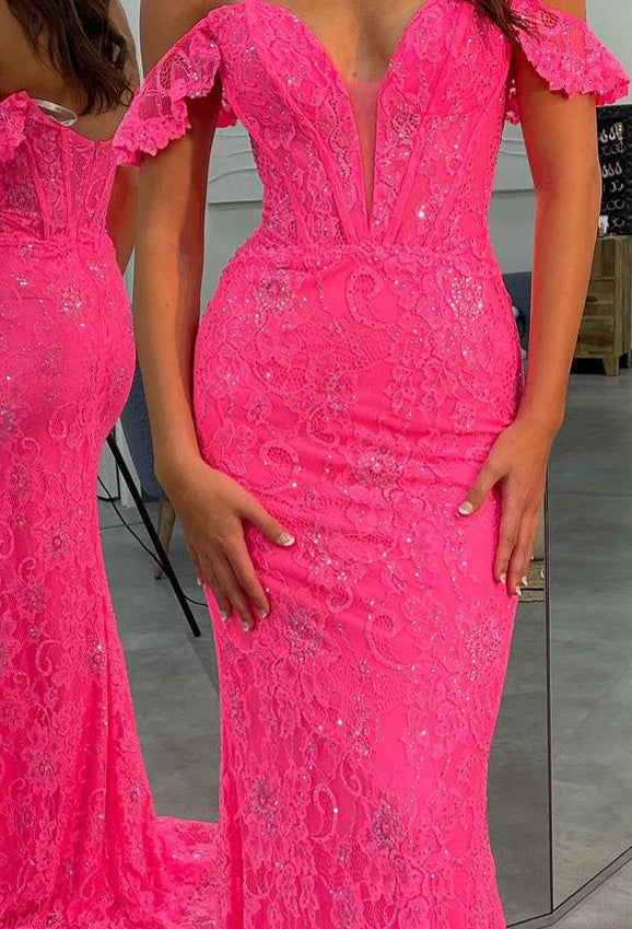 Off-Shoulder Sleeveless Fully Lace Mermaid Prom Dress