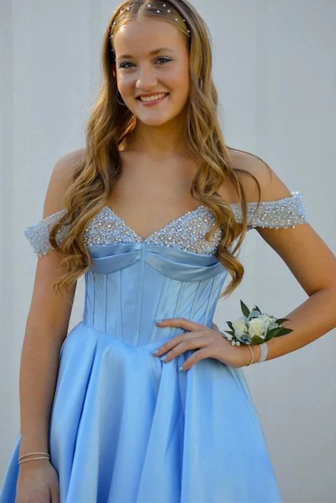 Off-Shoulder Sleeveless Satin A-Line Beaded Formal Prom Dress