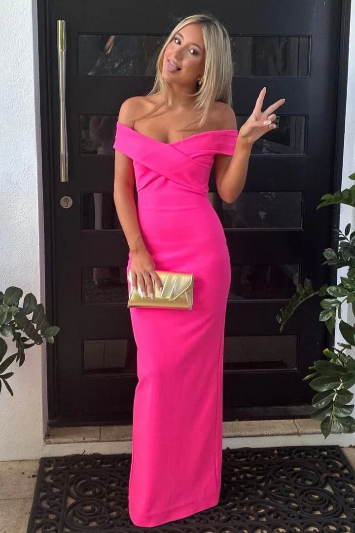 Off-Shoulder Sleeveless Satin Fitted Floor-Length Party Prom Dress