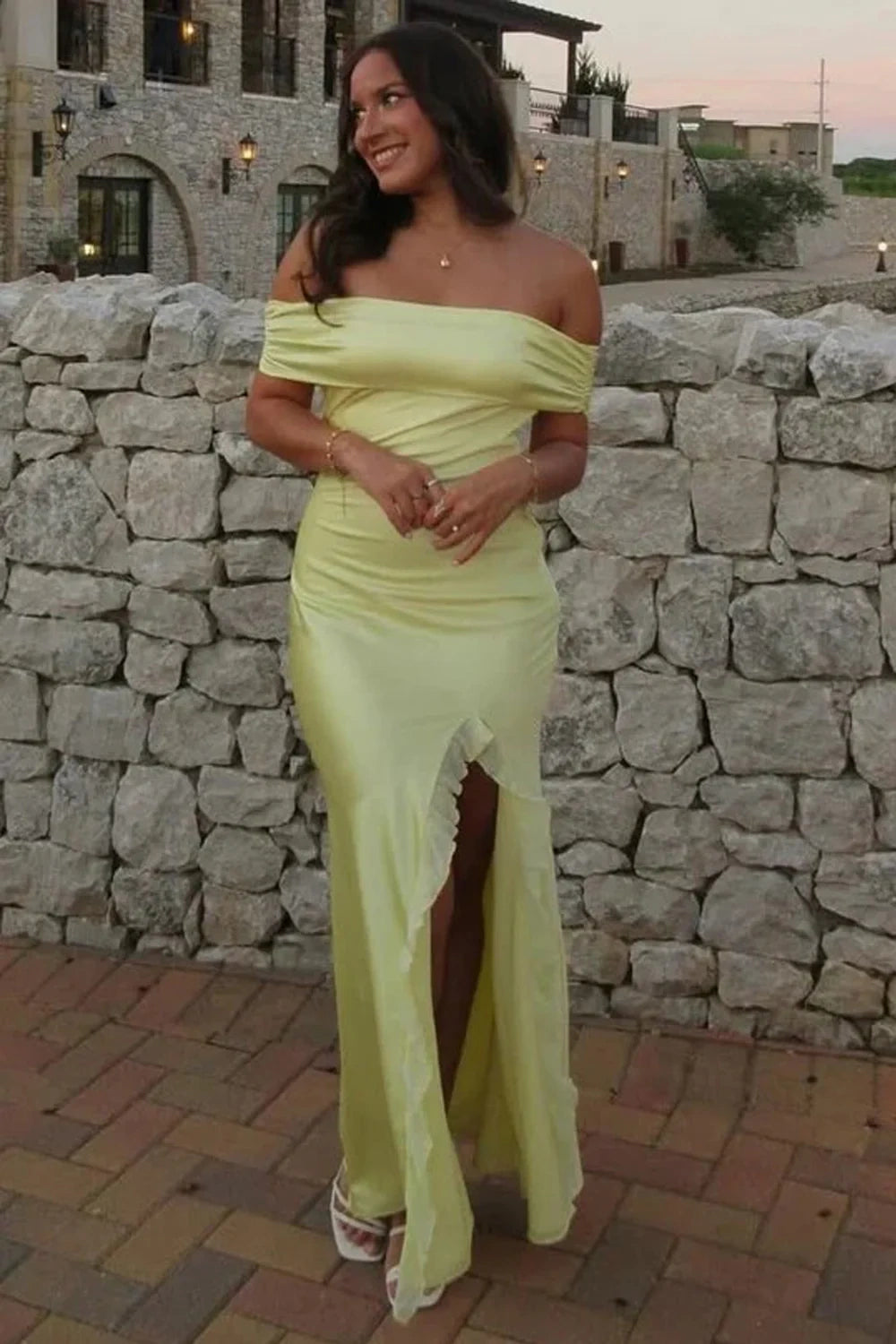 Off-Shoulder Sleeveless Satin Sheath Leg Slit Party Prom Dress
