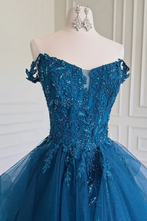 Off-Shoulder Sleeveless Tiered Tulle A-Line Appliques Party Prom Dress