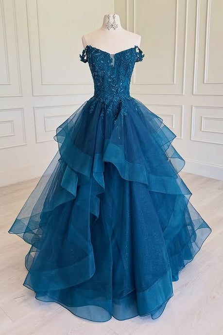 Off-Shoulder Sleeveless Tiered Tulle A-Line Appliques Party Prom Dress