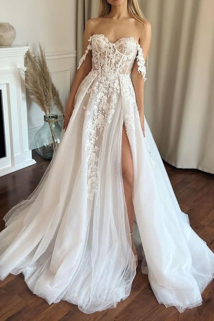 Off-Shoulder Sleeveless With High Slit Wedding Dress Ivory / US 2 Off-Shoulder Sleeveless With High Slit Wedding Dress Ivory / US 2