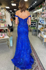 Off-Shoulder Sparkly Lace Party Prom Dress With Leg Slit 