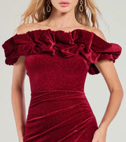 Off-Shoulder Sparkly Velvet Party Prom Dress With Slit