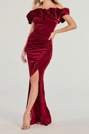 Off-Shoulder Sparkly Velvet Party Prom Dress With Slit